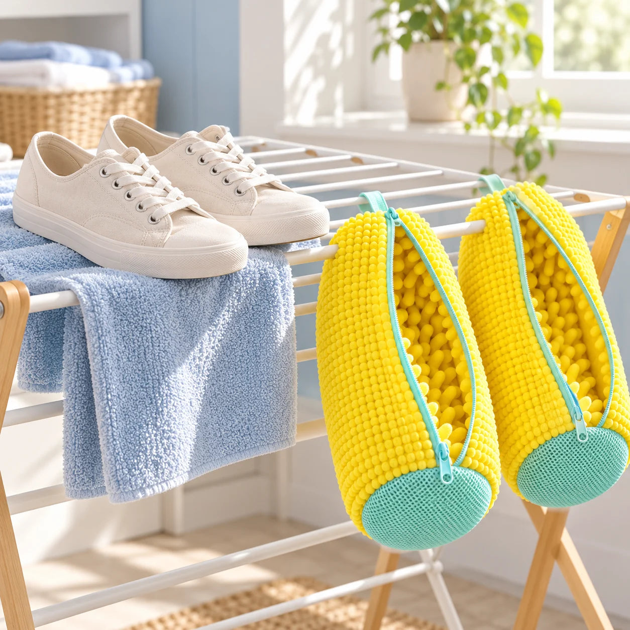 Canvas shoes on a towel and open ShoeSack bags air-drying on a rack