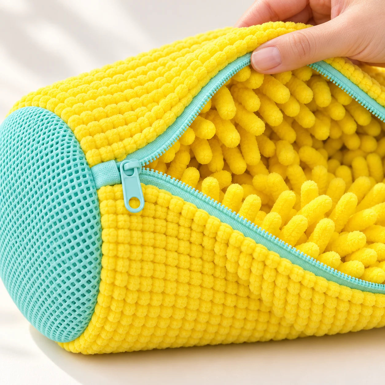 Close-up showing the yellow chenille fibers, mint zipper and mesh end panel