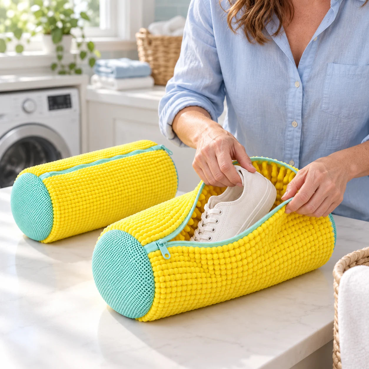 A woman placing a white canvas sneaker into an open ShoeSack bag