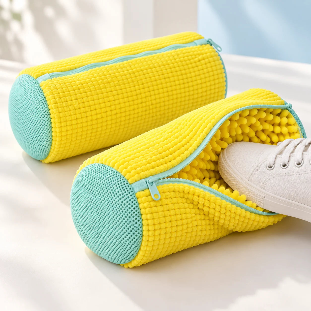 Two yellow and mint ShoeSack bags, one open with a canvas sneaker inside